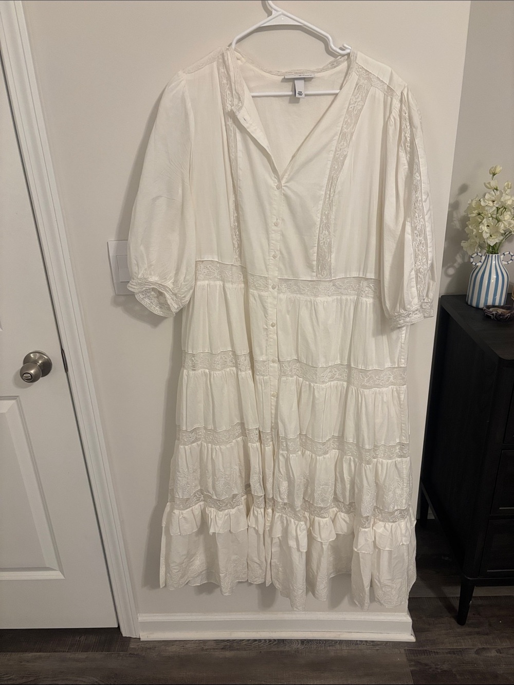 LoveShackFancy Cream Button-Front Tiered Lace Maxi Dress